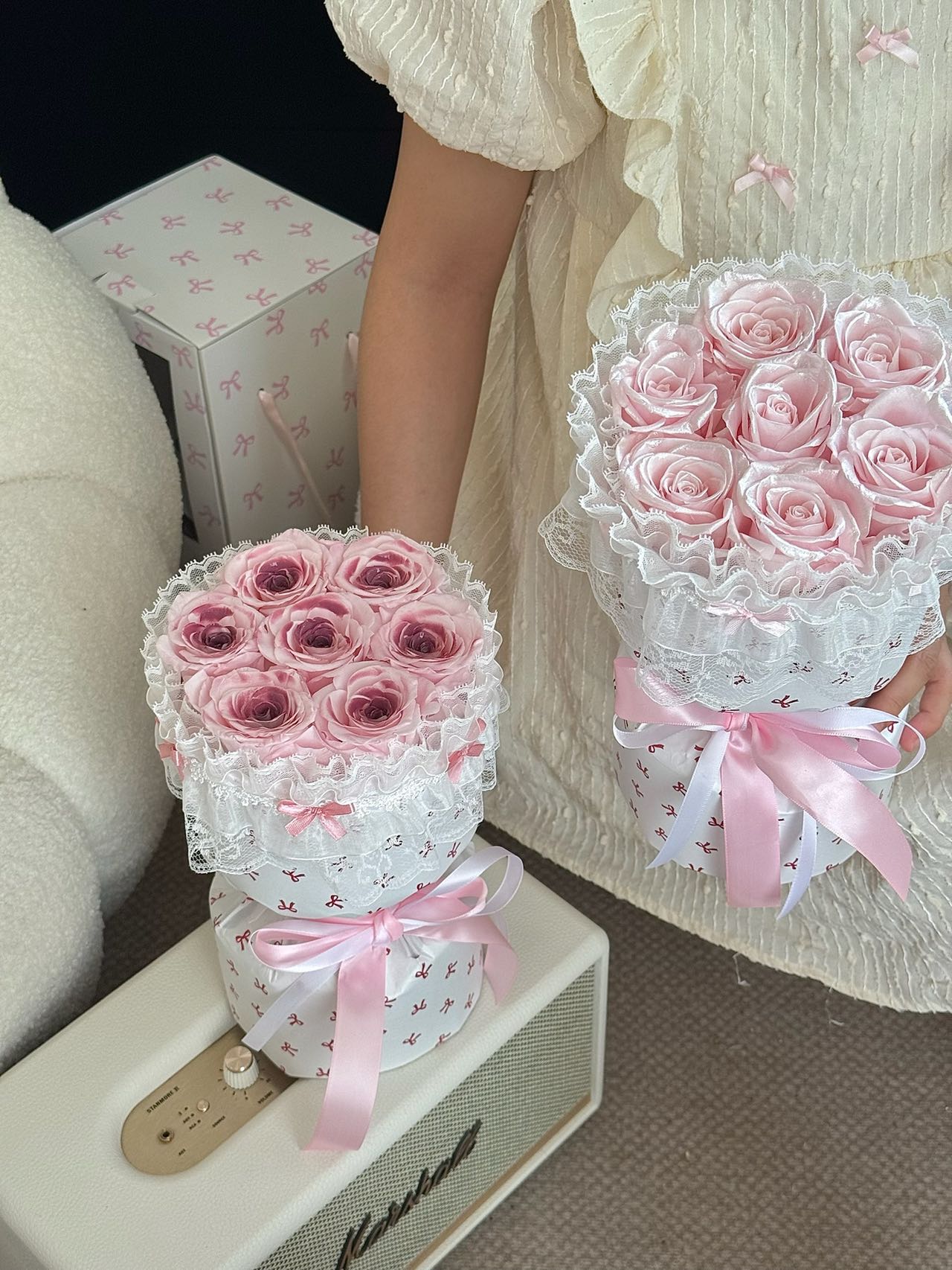 Lace Wrapped Preserved Rose Bouquet