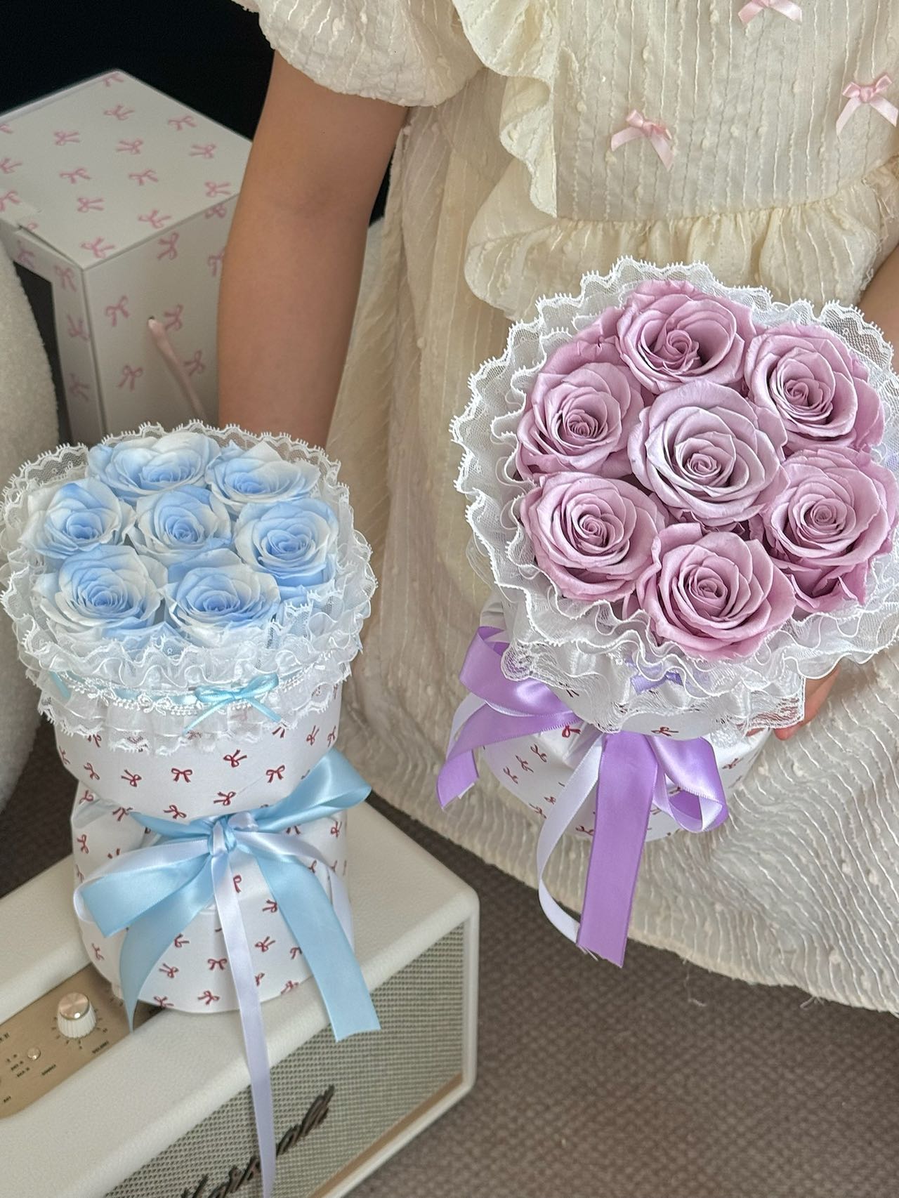 Lace Wrapped Preserved Rose Bouquet