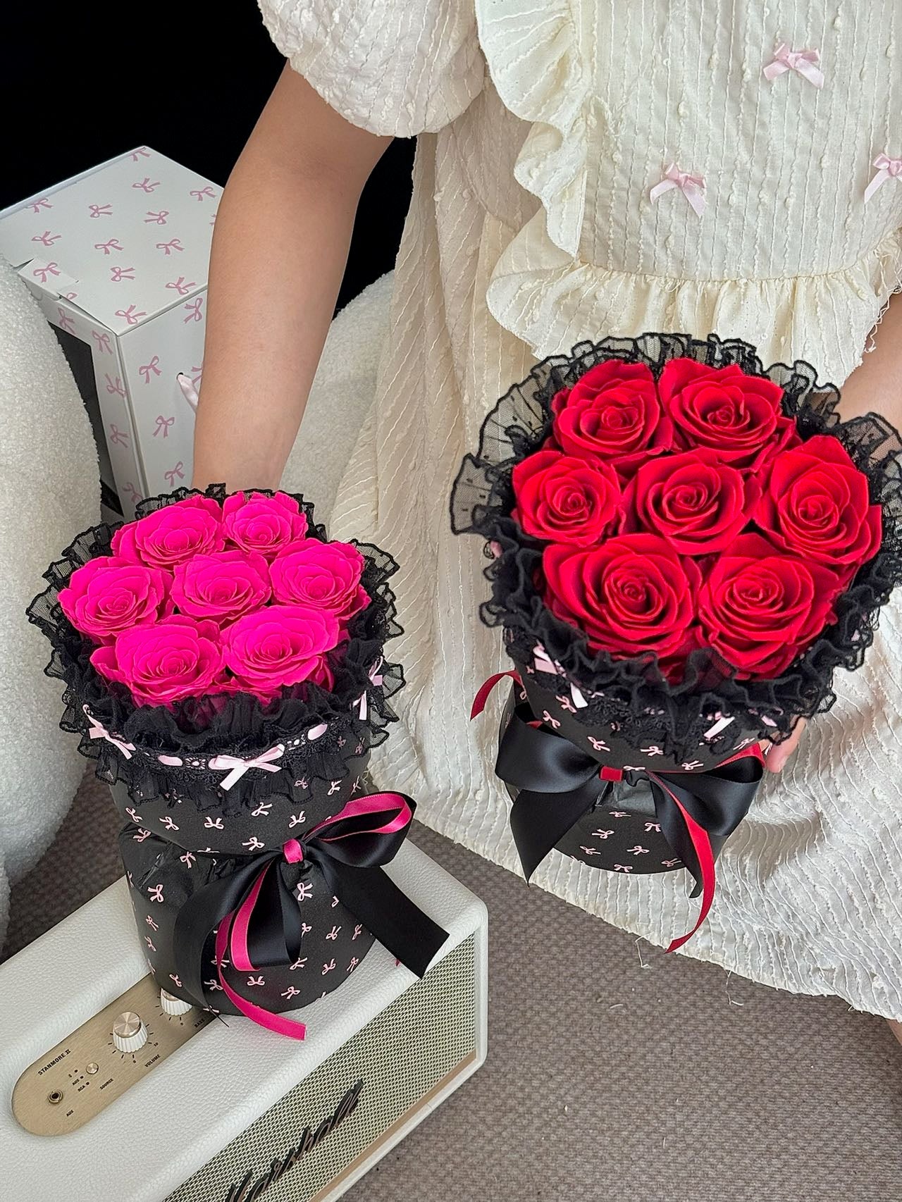 Lace Wrapped Preserved Rose Bouquet