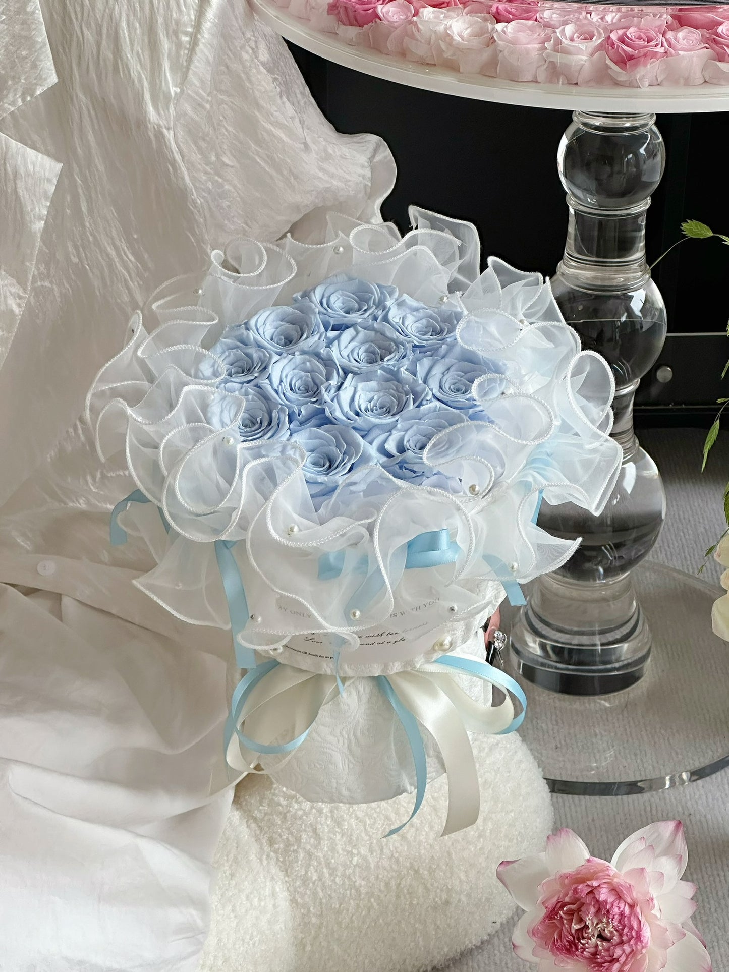 Elegant Organza Wrapped Preserved Rose Bouquets